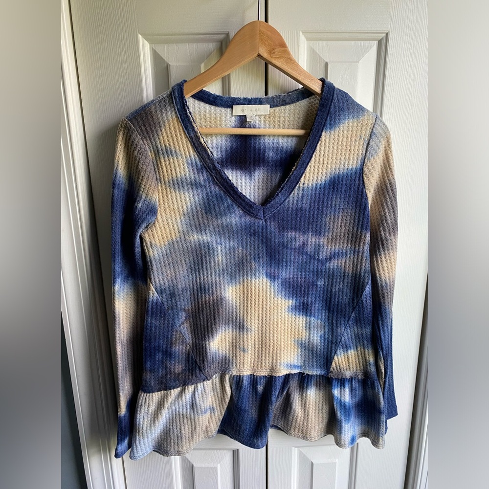 Anthropologie Eri + Ali Womens Waffle Knit Long Sleeve Tie Dye Peplum Top XS
